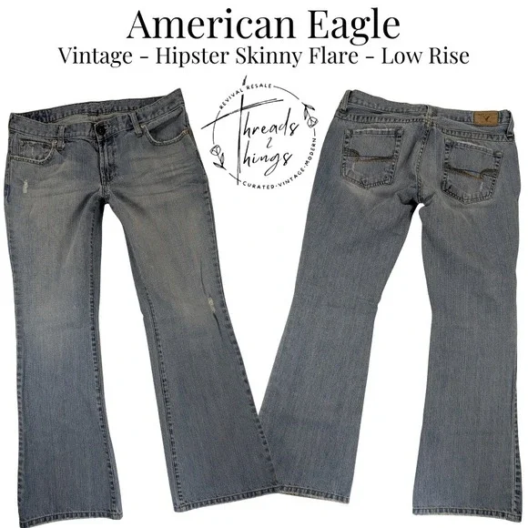 VTG American Eagle Hipster Skinny Flare Jeans Womens 8 Denim Low-Rise Preppy y2k - Picture 1 of 12